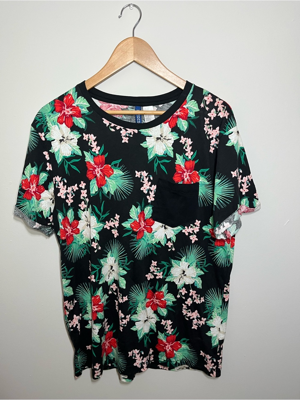 Black Floral Pocket Tee with Red & White Blooms